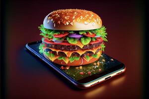 grande Hamburger seduta su superiore di un' cellula Telefono. generativo ai. foto