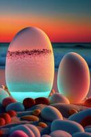 gruppo di uova seduta su superiore di un' sabbioso spiaggia. generativo ai. foto