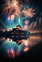 castello seduta su superiore di un' lago circondato di fuochi d'artificio. generativo ai. foto