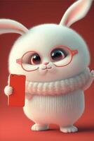 cartone animato coniglietto con bicchieri Tenere un' cellula Telefono. generativo ai. foto