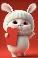 cartone animato coniglietto Tenere un' rosso pezzo di carta. generativo ai. foto