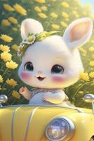 cartone animato coniglietto guida un' giallo auto attraverso un' campo di fiori. generativo ai. foto