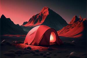 rosso tenda seduta nel il mezzo di un' deserto. generativo ai. foto