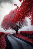 rosso albero seduta su il lato di un' strada. generativo ai. foto