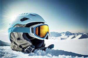 persona indossare un' casco e occhiali seduta nel il neve. generativo ai. foto