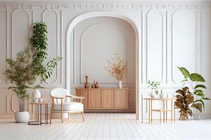 casa modello, bianca camera con naturale di legno mobilia . ai generato foto