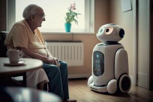 ai generato futuro di geriatrico cura con robot nel la pensione casa. foto