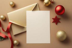 vuoto carta vuoto per Natale o nuovo anno saluto carta. regalo scatole, vacanza decorazioni su d'oro sfondo superiore Visualizza. piatto posare stile. azione foto Natale, lettera, creare ai