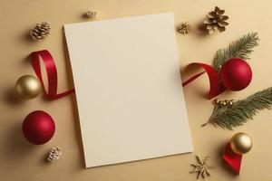 vuoto carta vuoto per Natale o nuovo anno saluto carta. regalo scatole, vacanza decorazioni su d'oro sfondo superiore Visualizza. piatto posare stile. azione foto Natale, lettera, creare ai