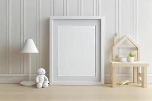 bianca telaio modello su il parete, minimalista magro telaio, giorno luce, bianca parete, minimalista, scandinavo stile . ai generato foto