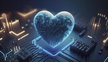 blu cuore sagomato come computer circuito tavola. postprodotto generativo ai digitale illustrazione. foto