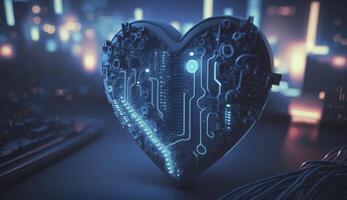blu cuore sagomato come computer circuito tavola. postprodotto generativo ai digitale illustrazione. foto
