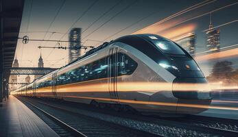alto velocità treno a stazione e sfocato paesaggio urbano a notte su sfondo. postprodotto generativo ai digitale illustrazione di non esistente treno modello. foto