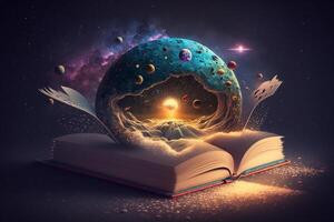 un' surreale scena di un' libro galleggiante nel spazio con un' a forma di cervello pianeta nel il sfondo, circondato di tiro stelle e un' galassia. ai generato foto