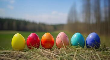 riga di colorato Pasqua uova su di legno tavolo e bokeh sfondo, posto per tipografia e logo. rustico di legno tavolo. Pasqua tema. generativo ai. foto