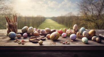 riga di colorato Pasqua uova su di legno tavolo e bokeh sfondo, posto per tipografia e logo. rustico di legno tavolo. Pasqua tema. generativo ai. foto