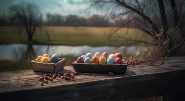 riga di colorato Pasqua uova su di legno tavolo e bokeh sfondo, posto per tipografia e logo. rustico di legno tavolo. Pasqua tema. generativo ai. foto