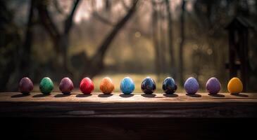 riga di colorato Pasqua uova su di legno tavolo e bokeh sfondo, posto per tipografia e logo. rustico di legno tavolo. Pasqua tema. generativo ai. foto