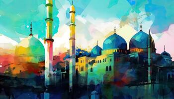 acqua colore pittura Arabo islamico tipografia design Mawlid al-nabawai al-Sharif saluto carta con cupola e minareto di il del profeta moschea. generativo ai foto