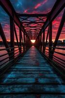 di legno tavola passerella principale per un' bellissimo tramonto su il lago. generativo ai. foto