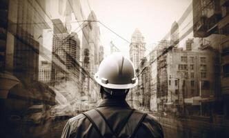 costruzione concetto. a indietro di il costruzione lavoratore testa quale è indossare il sicurezza casco e controllo opera a il costruzione luogo. inesistente persona. generativo ai foto