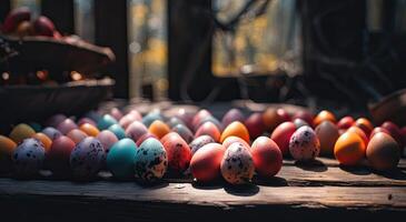 riga di colorato Pasqua uova su di legno tavolo e bokeh sfondo, posto per tipografia e logo. rustico di legno tavolo. Pasqua tema. generativo ai. foto