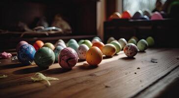 riga di colorato Pasqua uova su di legno tavolo e bokeh sfondo, posto per tipografia e logo. rustico di legno tavolo. Pasqua tema. generativo ai. foto