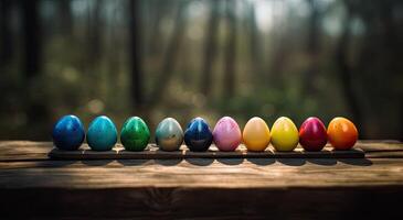 riga di colorato Pasqua uova su di legno tavolo e bokeh sfondo, posto per tipografia e logo. rustico di legno tavolo. Pasqua tema. generativo ai. foto