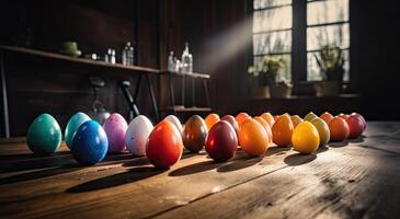 riga di colorato Pasqua uova su di legno tavolo e bokeh sfondo, posto per tipografia e logo. rustico di legno tavolo. Pasqua tema. generativo ai. foto