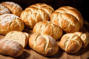 appena al forno pane su un' di legno asse, avvicinamento. francese pane. generativo ai foto