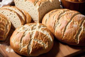 appena al forno pane su un' di legno asse, avvicinamento. francese pane. generativo ai foto