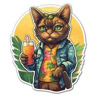 il carino gatto indossa un' Hawaii camicia e Tenere un' cocktail nel il suo mano. vettore illustrazione. generativo ai. foto