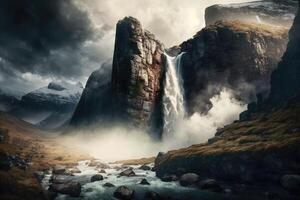 ai generato magnifico cascata, a cascata giù un' roccioso scogliera e invio un' nube di nebbia in il aria. foto