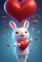 cartone animato coniglietto Tenere un' cuore sagomato Palloncino. generativo ai. foto