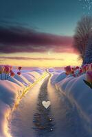 sentiero nel il neve con un' cuore nel il mezzo. generativo ai. foto