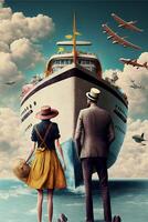 uomo e un' donna in piedi nel davanti di un' crociera nave. generativo ai. foto