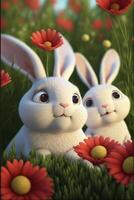 coppia di conigli seduta Il prossimo per ogni altro nel un' campo di fiori. generativo ai. foto