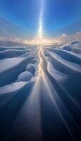 il sole brilla brillantemente al di sopra di un' vasto distesa di neve. generativo ai. foto