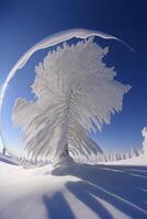 neve coperto albero nel il mezzo di un' nevoso campo. generativo ai. foto