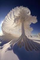 neve coperto albero nel il mezzo di un' nevoso campo. generativo ai. foto