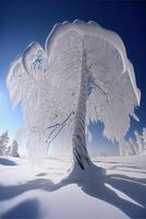 neve coperto albero nel il mezzo di un' nevoso campo. generativo ai. foto