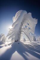 neve coperto albero nel il mezzo di un' nevoso campo. generativo ai. foto