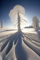 neve coperto albero nel il mezzo di un' nevoso campo. generativo ai. foto