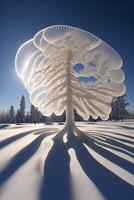 neve coperto albero seduta nel il mezzo di un' neve coperto campo. generativo ai. foto