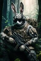 soldato con un' coniglietto maschera Tenere un' fucile. generativo ai. foto