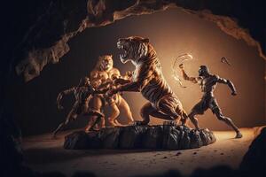 statua di un' tigre attaccare un' uomo nel un' grotta. generativo ai. foto