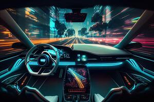 artificiale intelligenza gestisce trasporto. tecnologico auto senza un' autista. ai e automobile futuro informatica generativo ai illustrazione foto