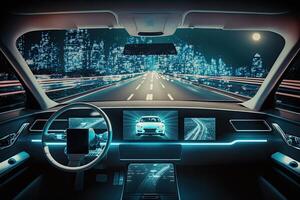 artificiale intelligenza gestisce trasporto. tecnologico auto senza un' autista. ai e automobile futuro informatica generativo ai illustrazione foto