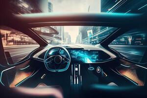 artificiale intelligenza gestisce trasporto. tecnologico auto senza un' autista. ai e automobile futuro informatica generativo ai illustrazione foto