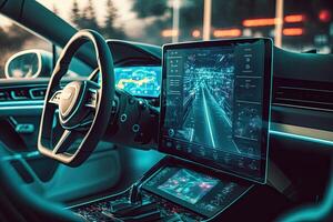 artificiale intelligenza gestisce trasporto. tecnologico auto senza un' autista. ai e automobile futuro informatica generativo ai illustrazione foto